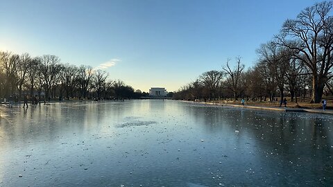 LIVE: Lincoln Memorial reflecting pool FROZEN and I walk on the ice like an idiot.