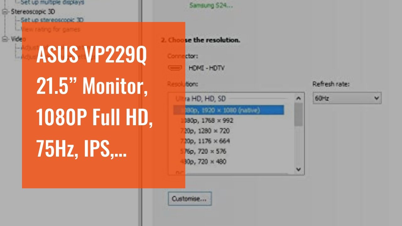 ASUS VP229Q 21.5” Monitor, 1080P Full HD, 75Hz, IPS, FreeSyncAdaptive-Sync, Eye Care, HDMI Dis...