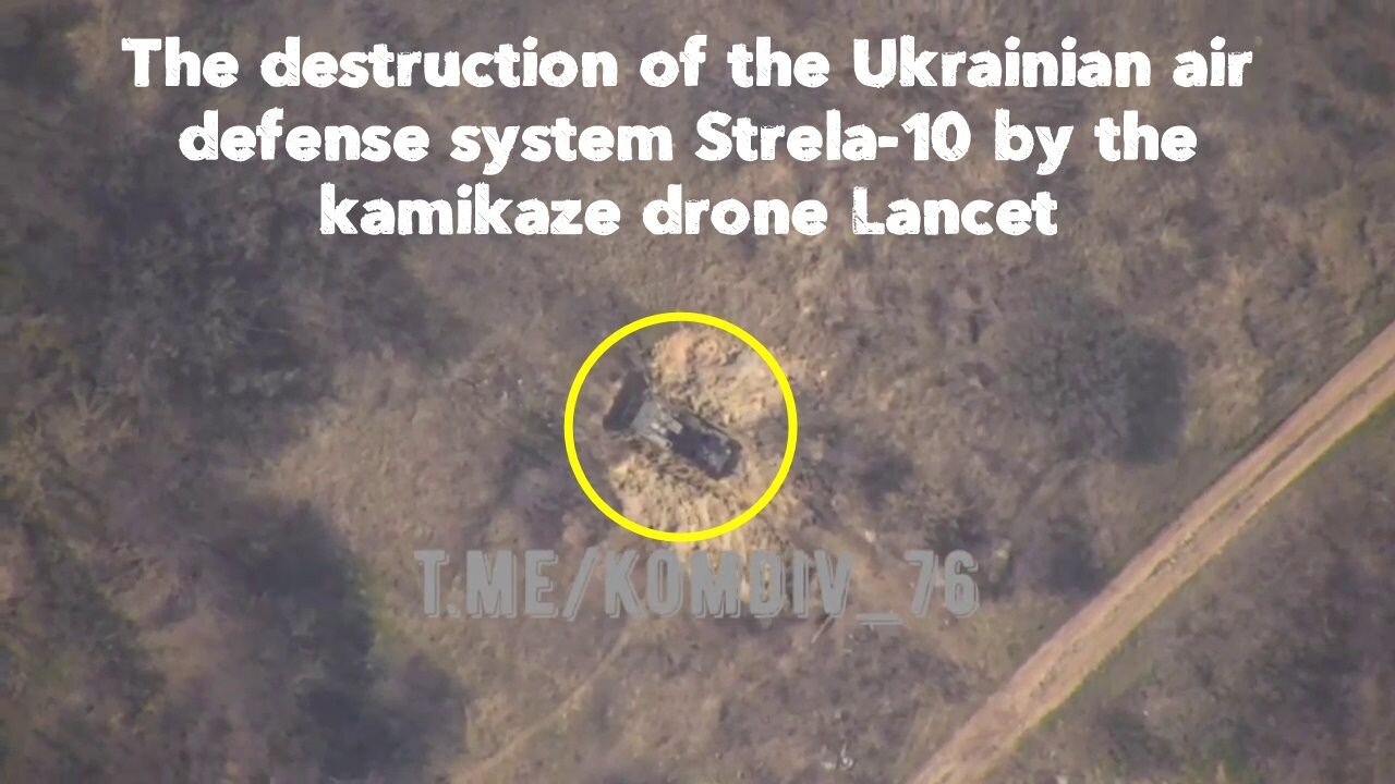 The destruction of the Ukrainian air defense system "Strela-10" by the kamikaze drone "Lancet".