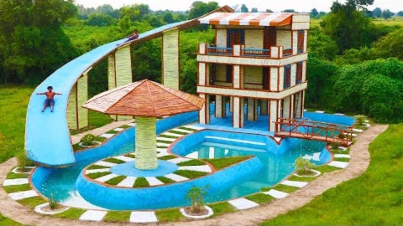 Build Beach Pool , 3 Story Resort Bamboo House, Flyover Water Slide , Bamboo Umbrella