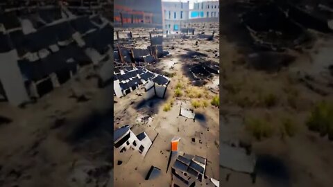 a barren wasteland with a single burnt out building in the middle. AI Art Animations Shorts