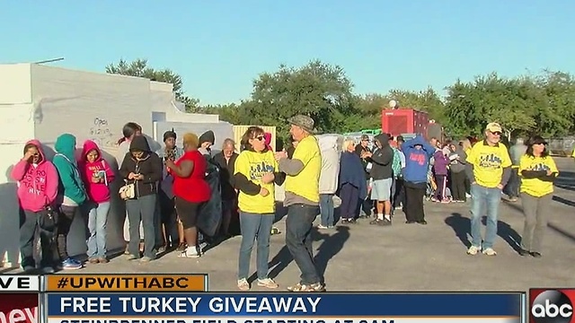 Long line for free Thanksgiving turkeys at Steinbrenner Field