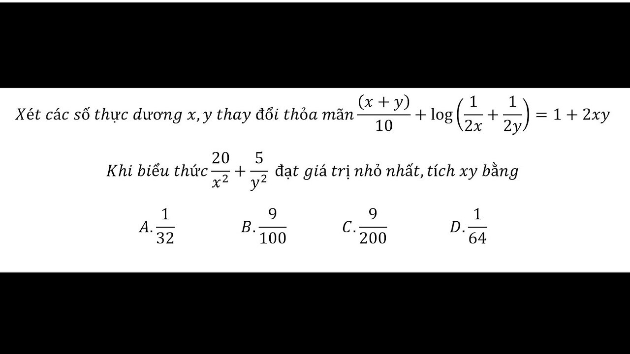 Định lý Lagrange: Xét các số thực dương x,y thay đổi thỏa mãn ((x+y))/10+log⁡(1/2x+1/2y)=1+2xy