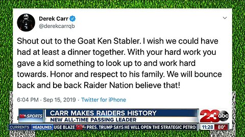 Carr tweets about passing Ken Stabler's record