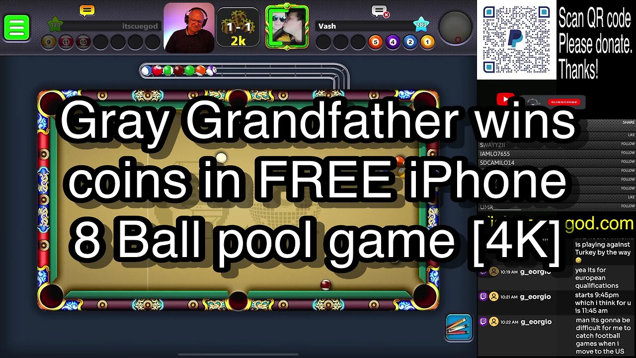 Gray Grandfather wins coins in FREE iPhone 8 Ball pool game [4K] 🎱🎱🎱 8 Ball Pool 🎱🎱🎱