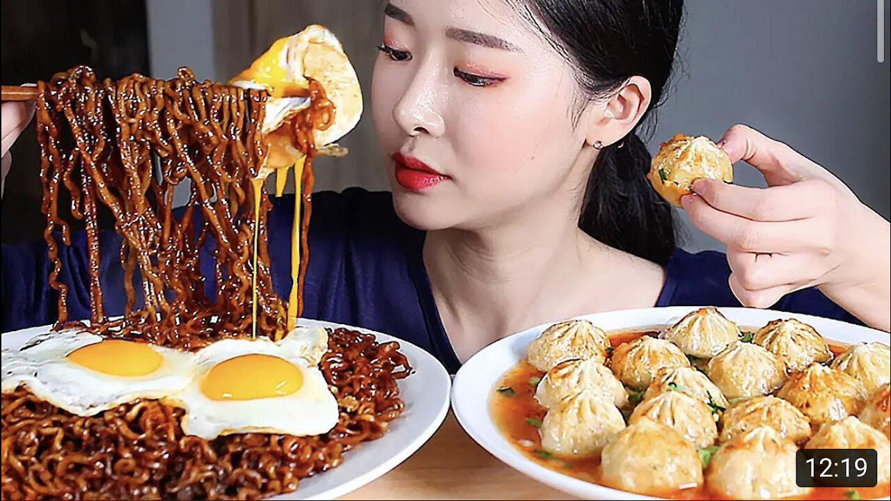 Black Bean Noodles Dumplings ASMR Mukbang Eating Show