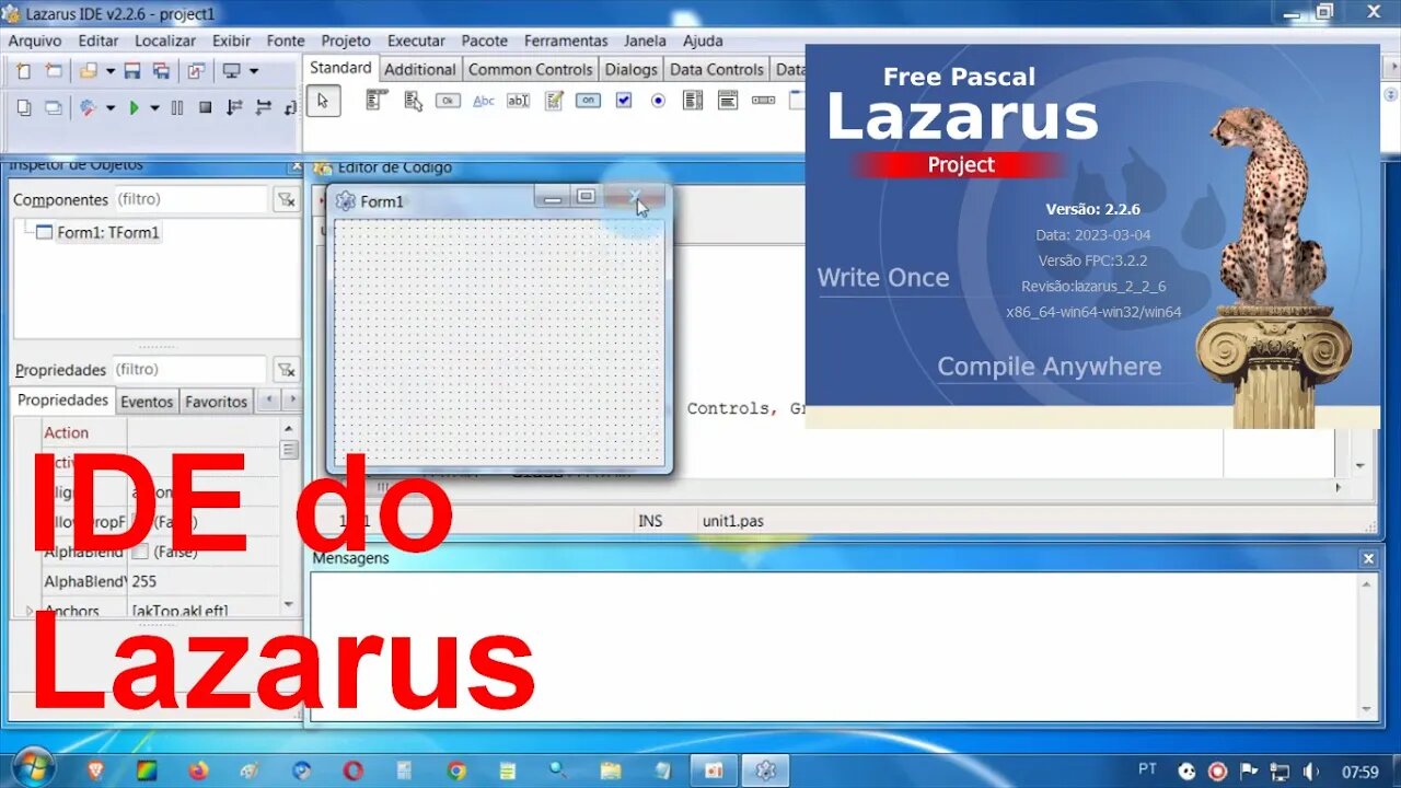 8- Ide do Lazarus. Form, F12, Editor de Códigos, Propriedades Form, Compilando, Estrutura de Códigos