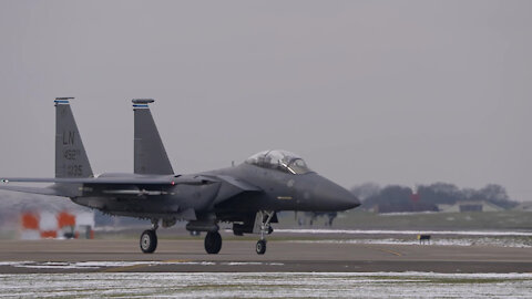 F-15E Strike Eagles conduct routine flying ops at RAF Lakenheath