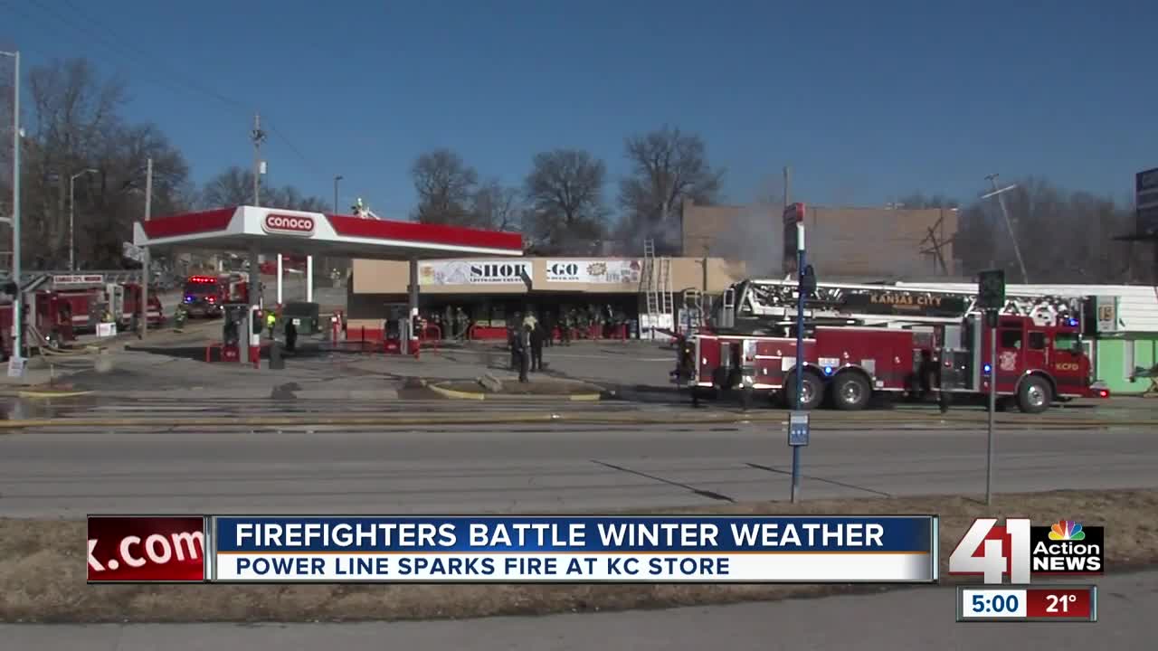 Wind downs power line, catches convenience store on fire