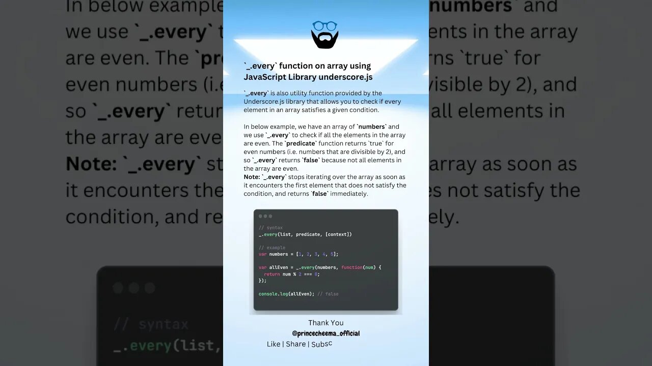 `_.every` function on array using JavaScript Library underscore.js ( #shorts )