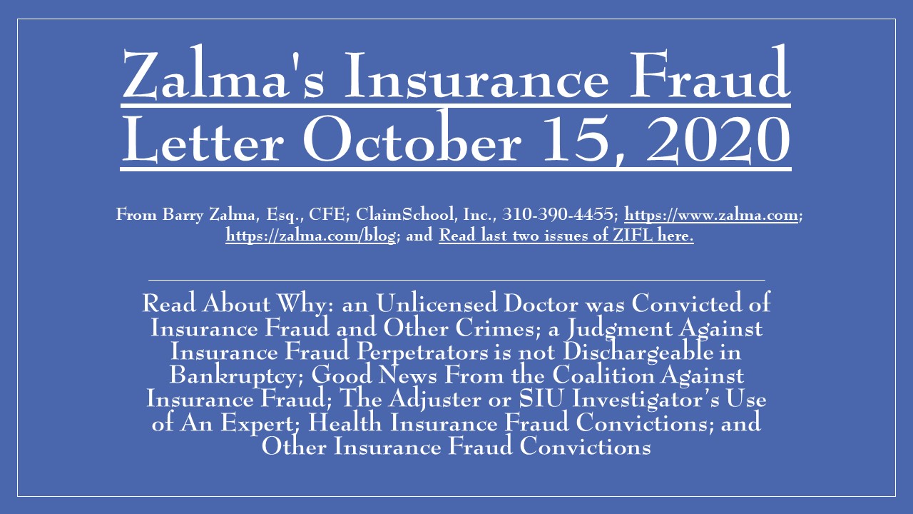 Zalma's Insurance Fraud Letter - 10-15-2020