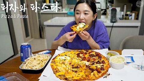 Shrimp & Steak topping Pizza!! ☆ Cream pasta, coleslaw, beer 🍕🍺