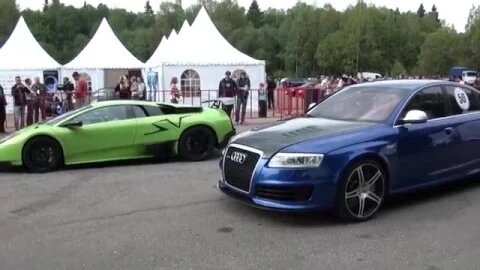 LAUNCH Lamborghini Murcielago LP670-SV vs Evotech Audi RS6 C6 and Porsche 997 Turbo S tuned