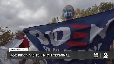 Biden supporters line up outside Union Terminal