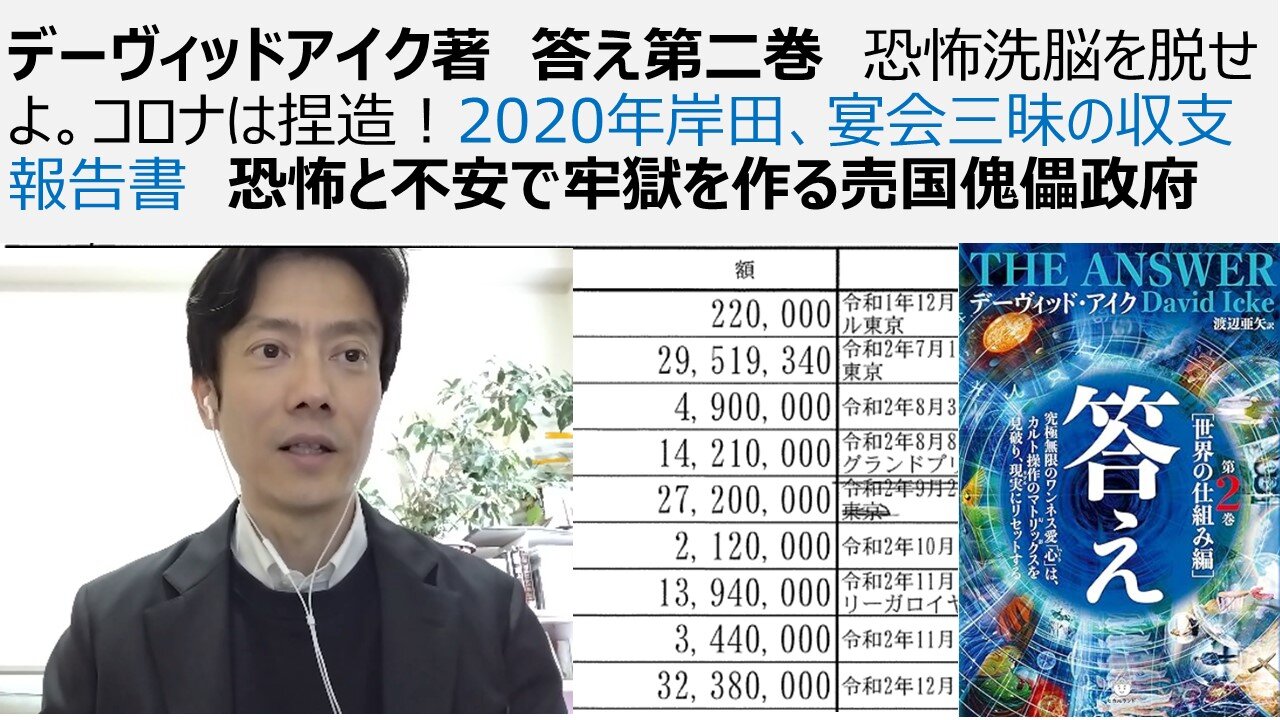 デーヴィッドアイク著 答え第二巻 恐怖洗脳を脱せよ。コロナは捏造！2020年岸田、宴会三昧の収支報告書 恐怖と不安で牢獄を作る売国傀儡政府