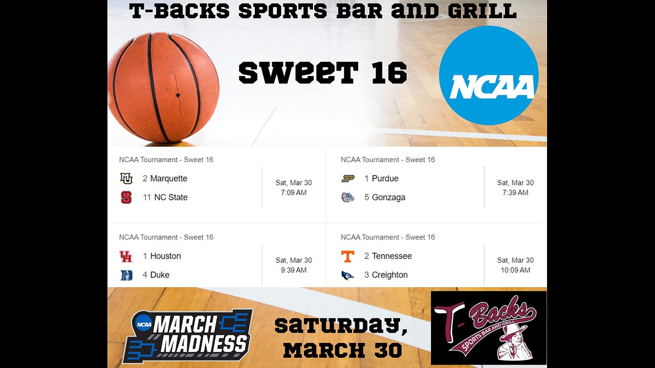 T-Backs Sports Bar and Grill Sports Schedule and Pizza special for Saturday March 30, 2024