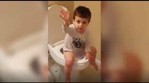 Little boy tries to stop his mom from entering a stinky situation