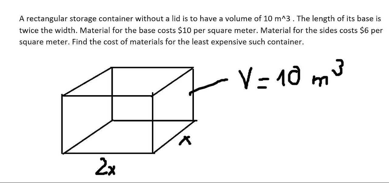 A rectangular storage container without a lid is to have a volume of 10 m^3 . The length of its base