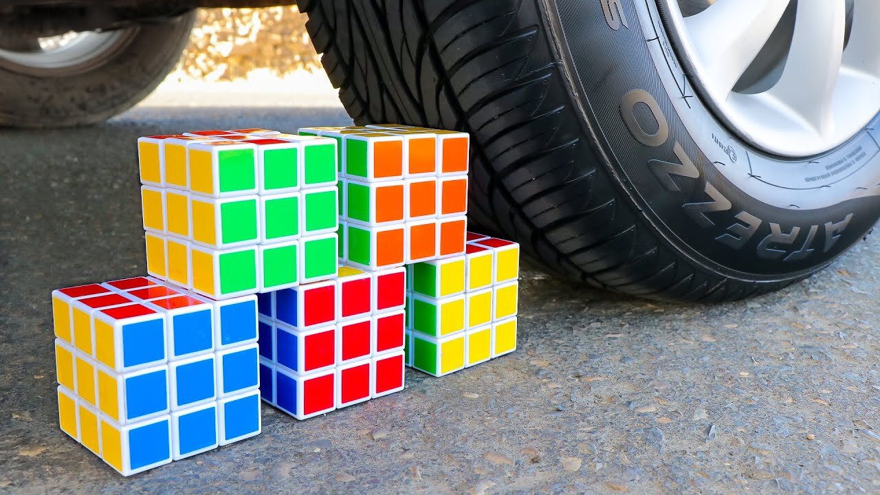 quashing Crunchy and Soft Things! 5 Rubik's Cubes VS Car Wheel