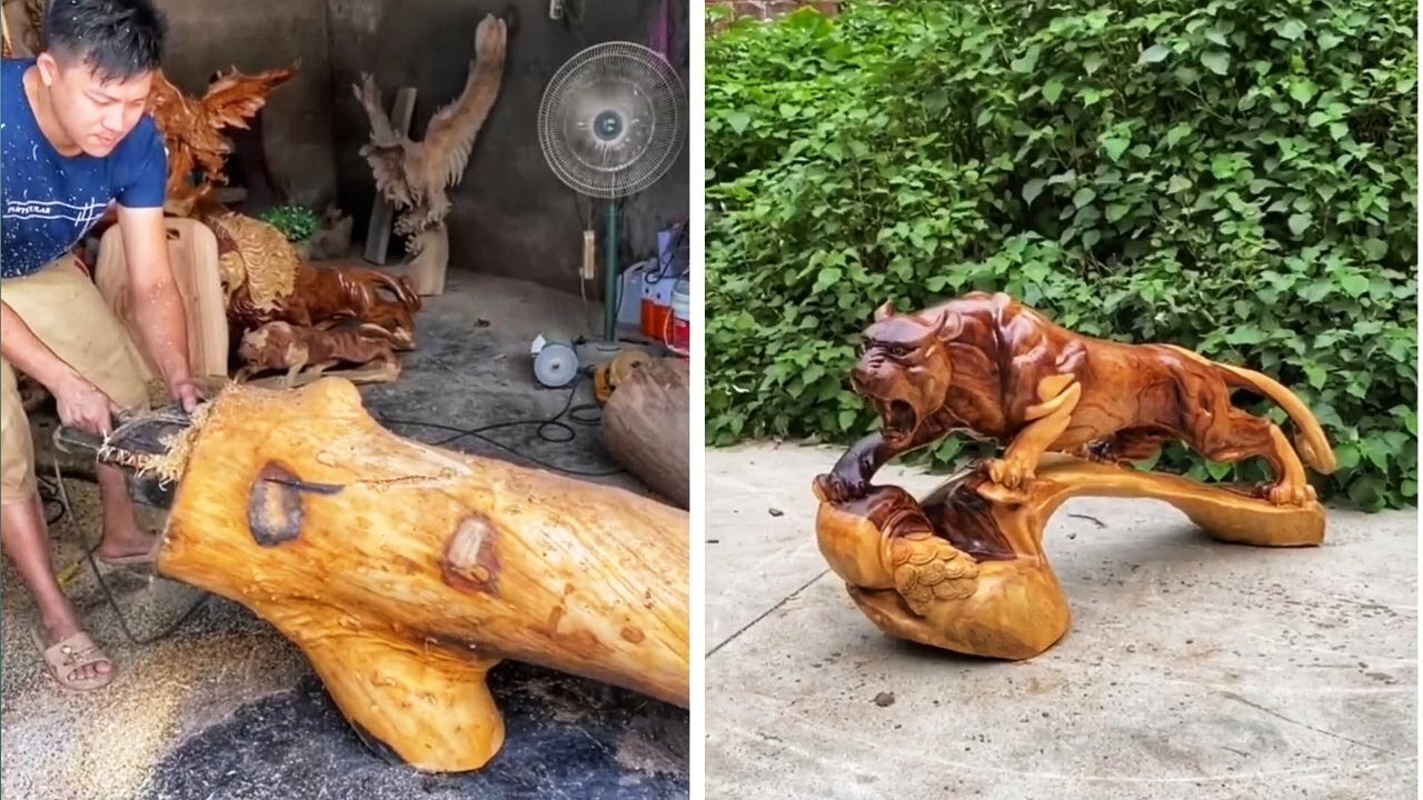Techniques making fast a Tiger - [ Wood carving ]
