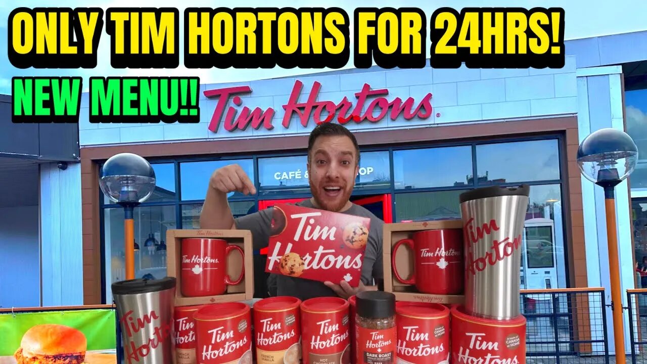 I Only Ate TIM HORTONS For 24hrs | BRAND MENU ITEMS (2023!) FOOD CHALLENGE!