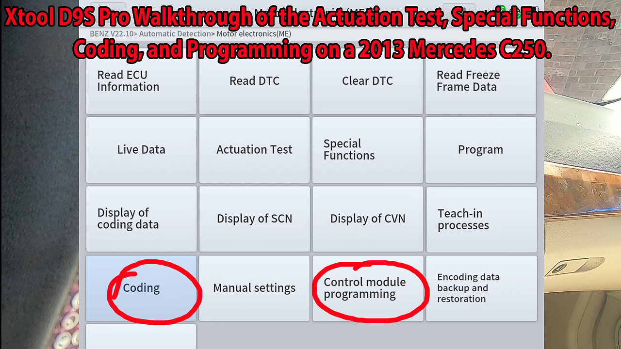 Xtool D9S Pro on 2013 Mercedes C250 Showing the Active Test, Special Functions, Coding, Programming.