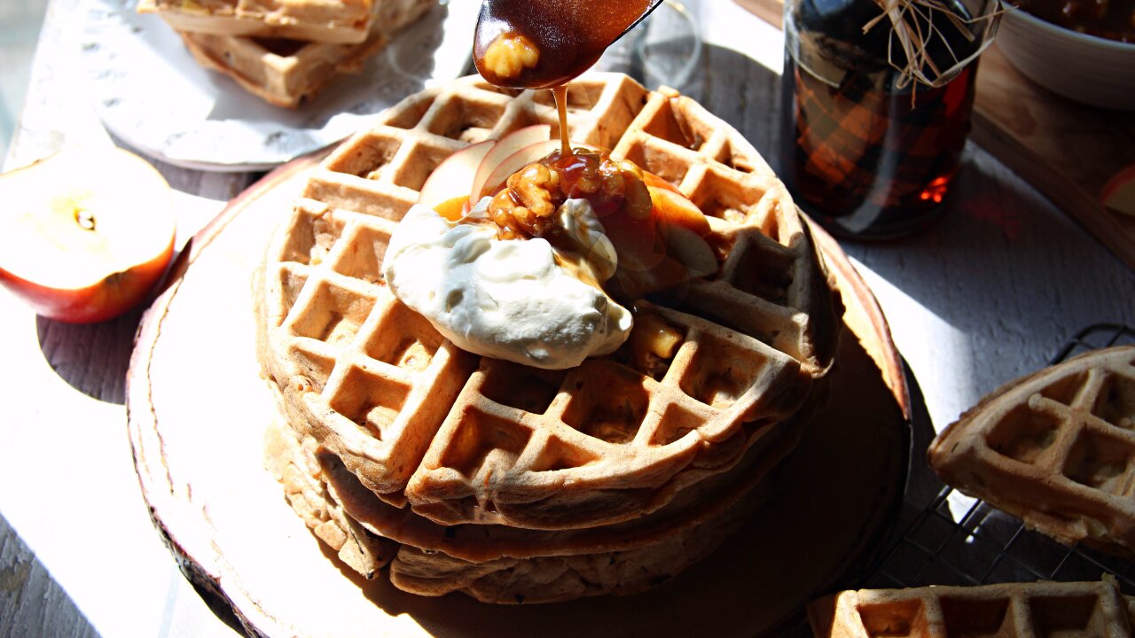 Whole Wheat Apple Waffles with Walnuts and Caramel Sauce