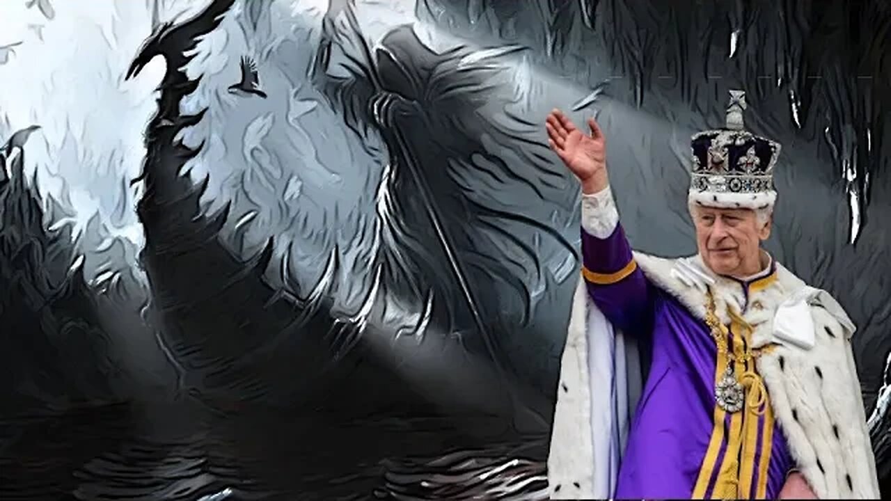 Kamera zachytila okultní postavu převozníka Chárona s dlouhým bidlem po korunovaci Charlese III.