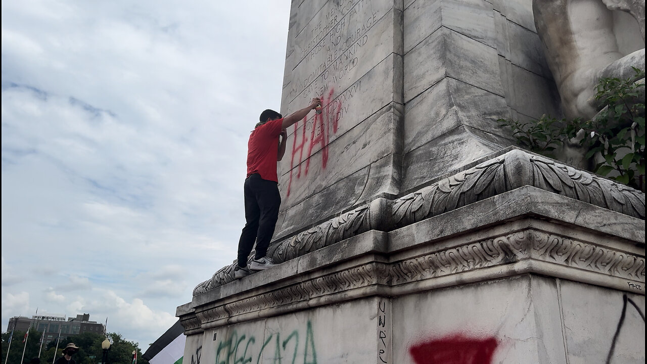 Columbus Memorial Spray-Painted at Protest Against Netanyahu Visit in DC