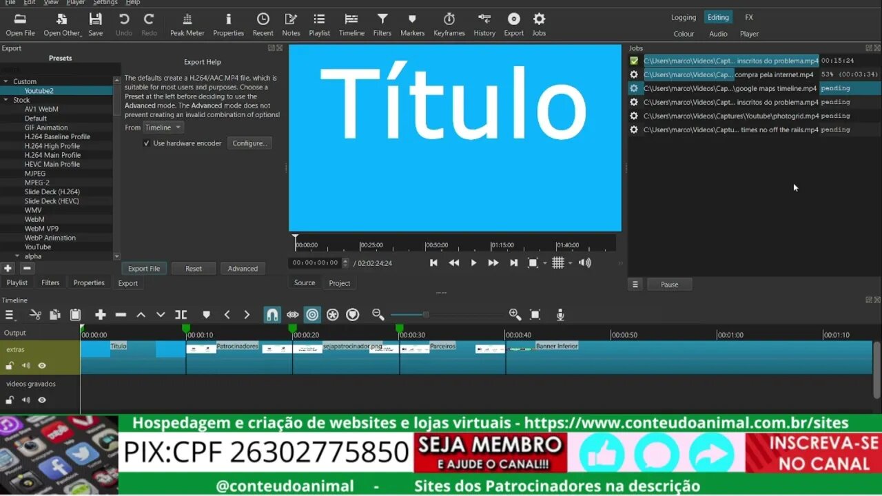 shotcut fila de exportação de videos em sequência multi export