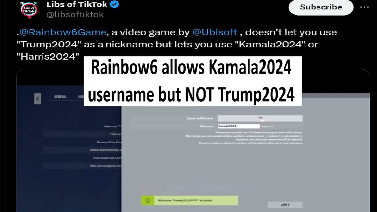 Ubisoft Rainbow6 allows Harris 2024 username but not Trump2024