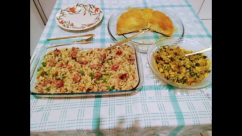 simple and delicious meal for 6 peoplebaiao for 2, kale farofa and banana lara cake