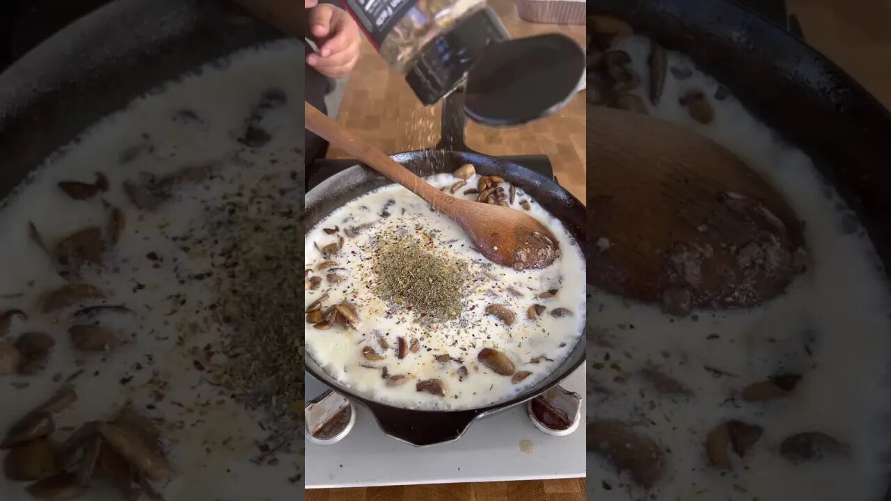 Smoked poterhouse steak with eggs and a creamy mushroom sauce
