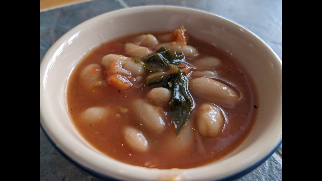 Rustic White Bean Soup with Grilled Tomatoes and Onions