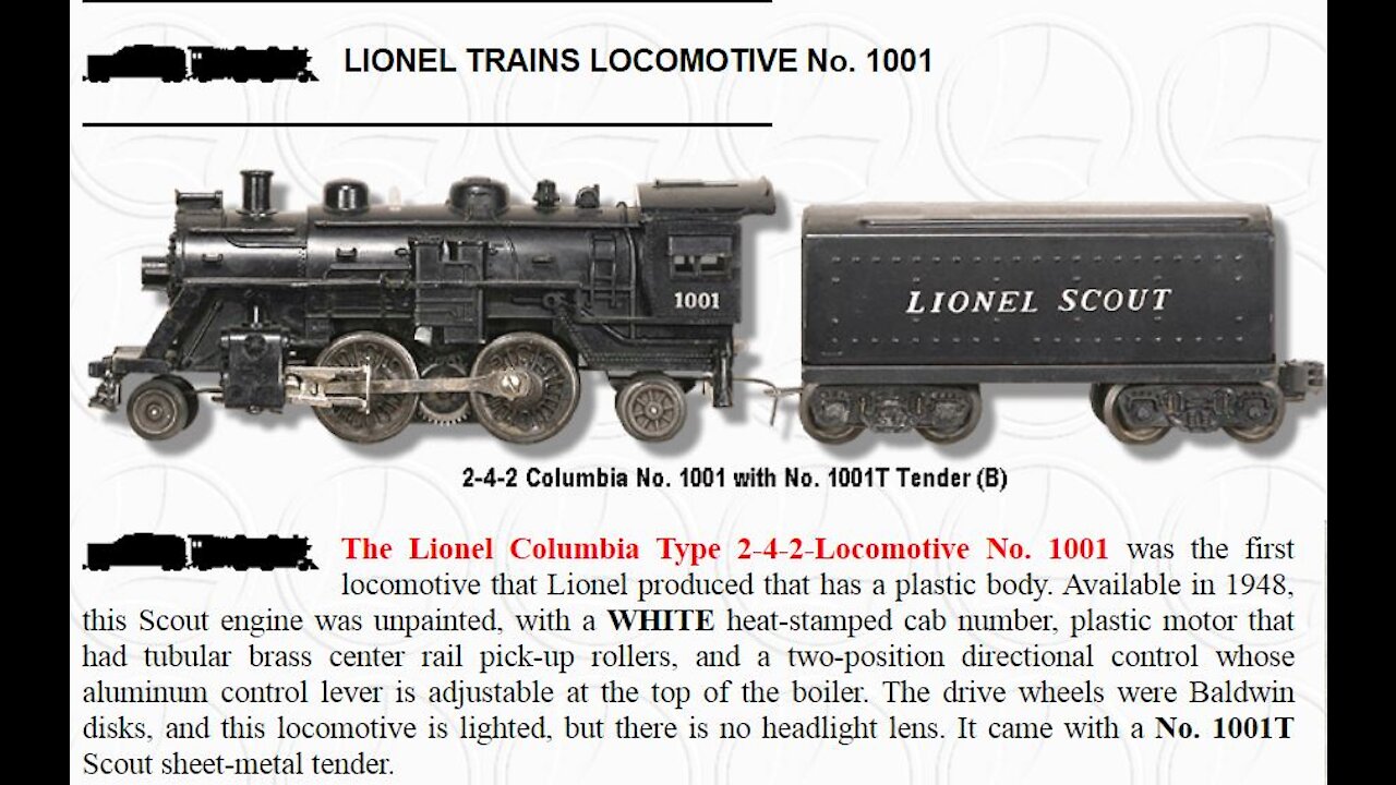 LIONEL 1001 / LIONEL'S FIRST PLASTIC LOCOMOTIVE / 1948