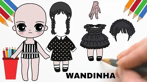 COMO DESENHAR BONECA DE PAPEL WANDINHA ADDAMS+ 2 LOOKS+ MÃOZINHA #wednesday #wandinhaadams