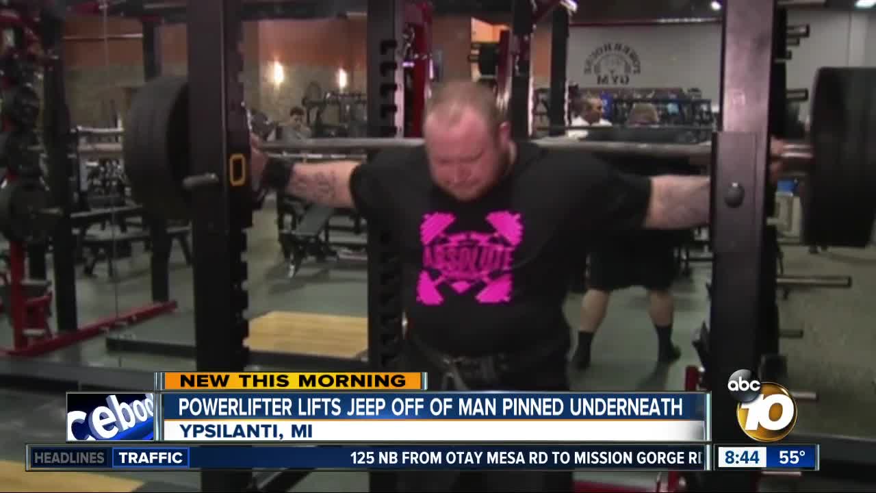 Powerlifter lifts jeep off of man pinned underneath