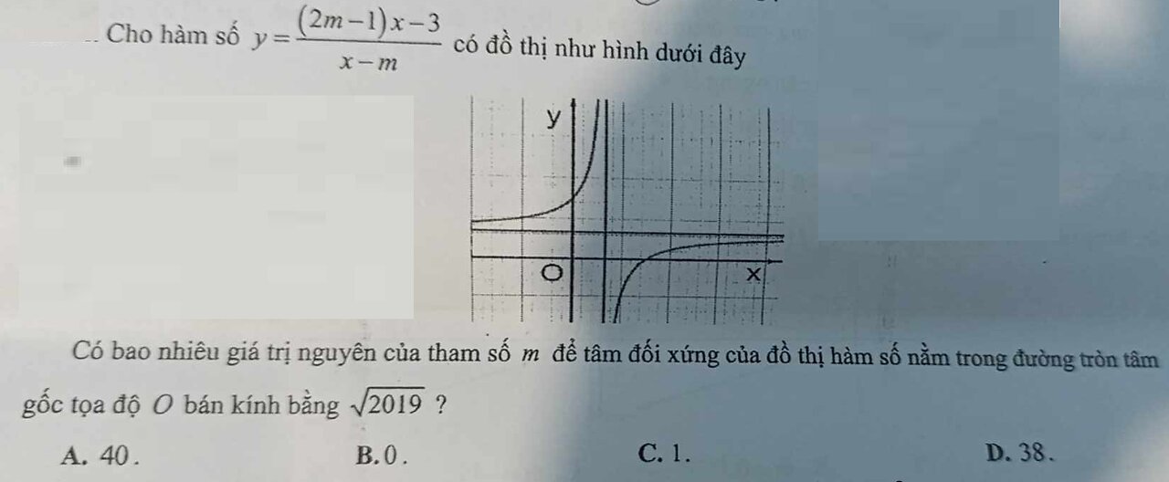 Toán 12: Cho hàm số y=(2m-1)x-3 / (x-m) có đồ thị như hình dưới đây. Có bao nhiêu giá trị