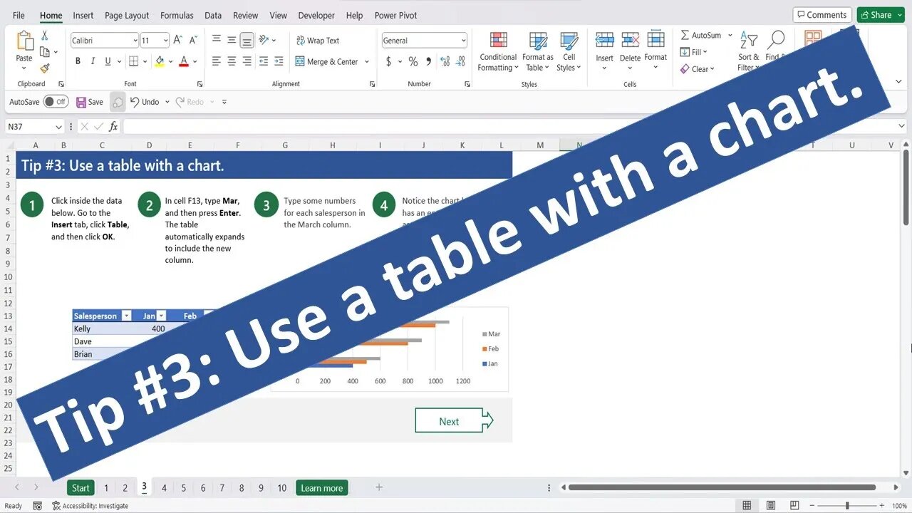 10 Tips For Excel Charts Tip # 3 Use a table with a chart