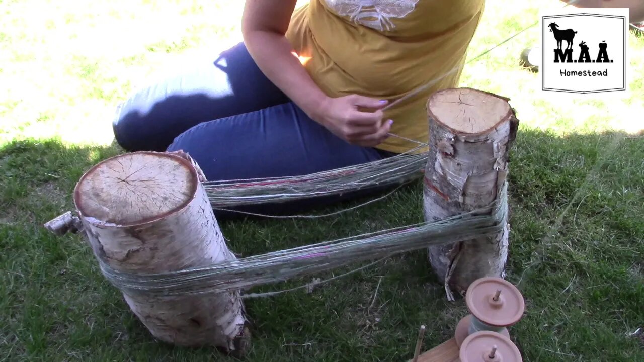 ***New Spin Fresh Off The Wheel! // Winding yarn around tree stumps//