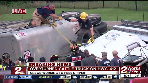 Overturned cattle truck on Highway 412