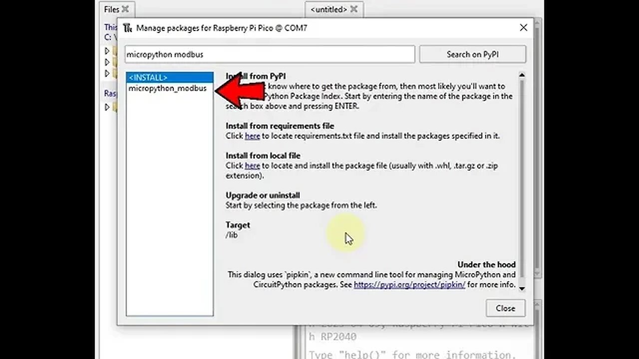 How to install micropython modbus library in Raspbeery Pi Pico W using Thonny