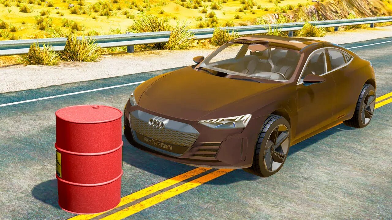 Audi E-Tron vs Explosive Barrel – BeamNG.Drive