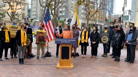 Democrat Pelosi is interrupted by a protestor yelling "Let's go Brandon!"