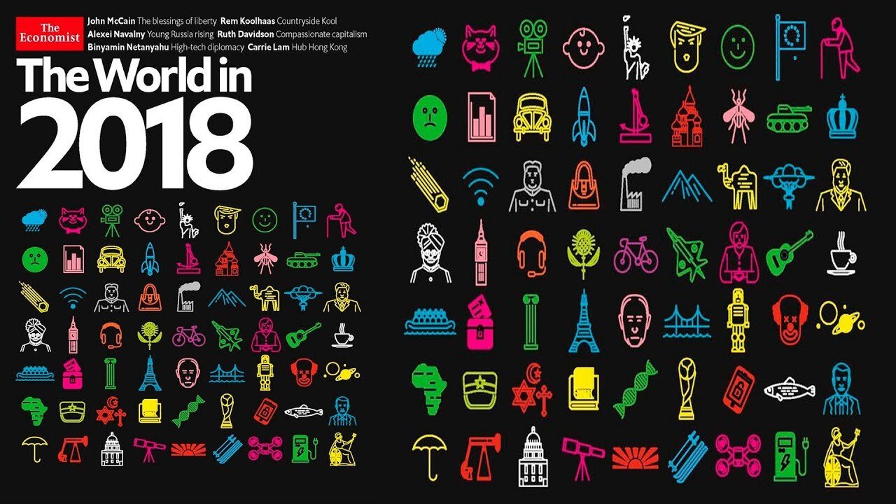 LA RIVISTA D'OCCULTURA MASSONICA THE ECONOMIST-THE WORLD IN 2018 ANALISI COMPLETA DELLA COPERTINA UFFICIALE questa copertina uscì come tutti gli anni a novembre nel 2017 e mostravano il futuro le figure