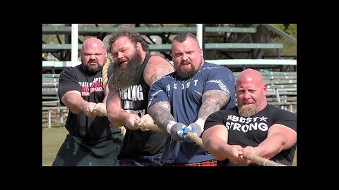 World's Strongest Men in a Tug o' War Challenge at Braemar Gathering Highland Games site in Scotland