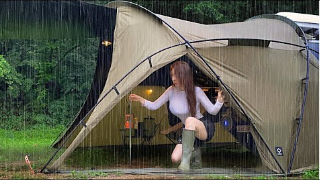 Solo camping soaked in rainstorm Real heavy rain Relaxing deep sleep ASMR Instantly fall asleep into deep sleep