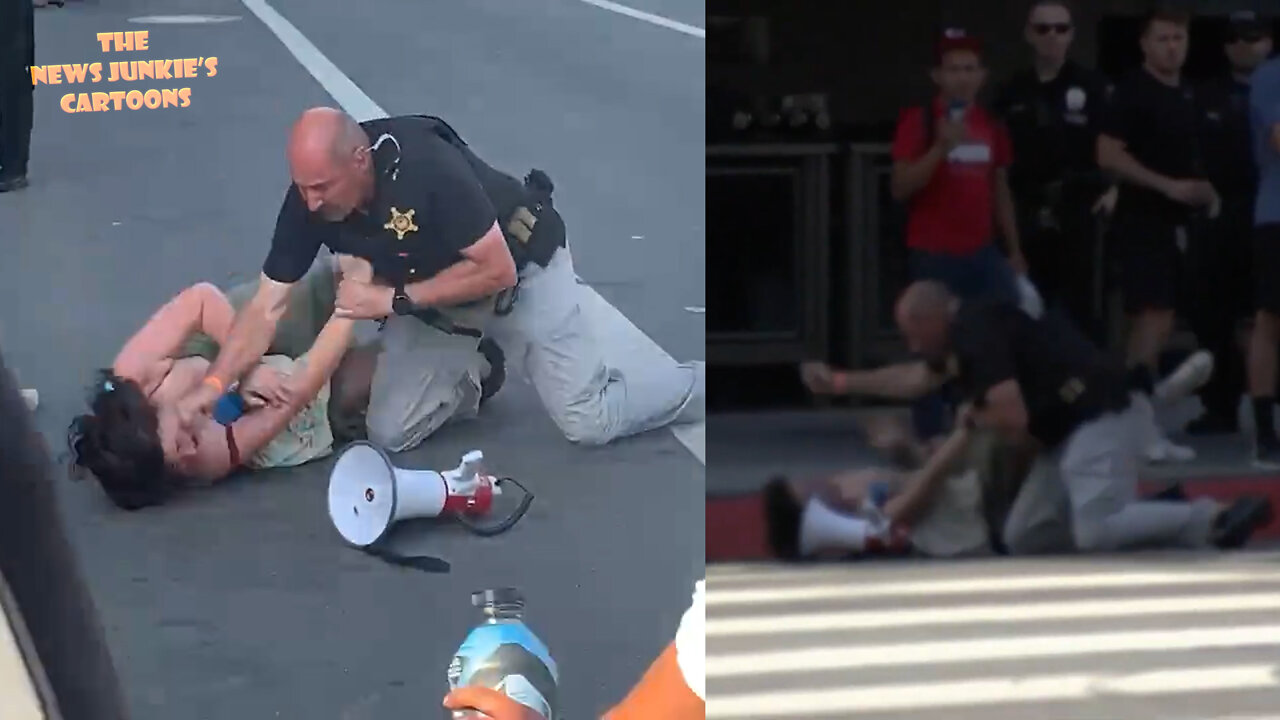 SS and police tackle standing in the road pro-abortion protester to the ground at Biden motorcade.