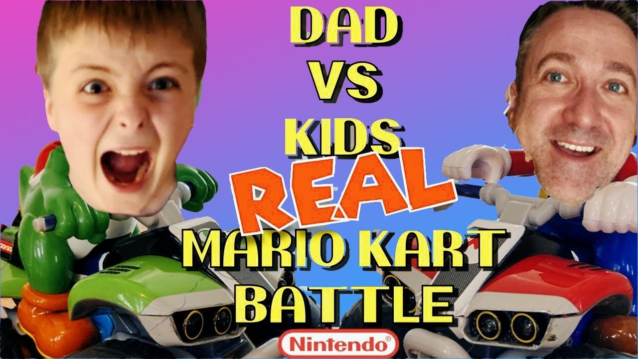 DAD VS. KIDS MARIO RC TOY KART TOY BATTLE | Yoshi vs Mario Super Smash-Off!