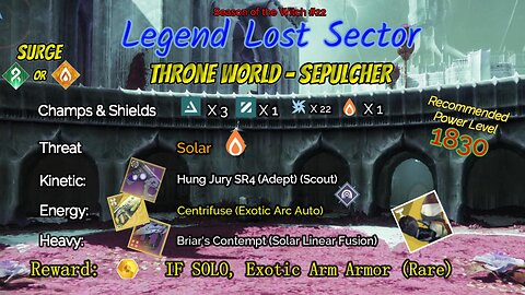 Destiny 2 Legend Lost Sector: Throne World - Sepulcher on my Solar Hunter 9-13-23